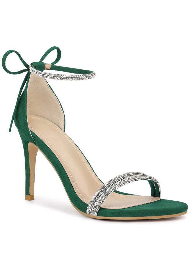 Rhinestone Ankle Tie Stiletto Heels Sandals, Green / Forest Green, hi-res image number 0