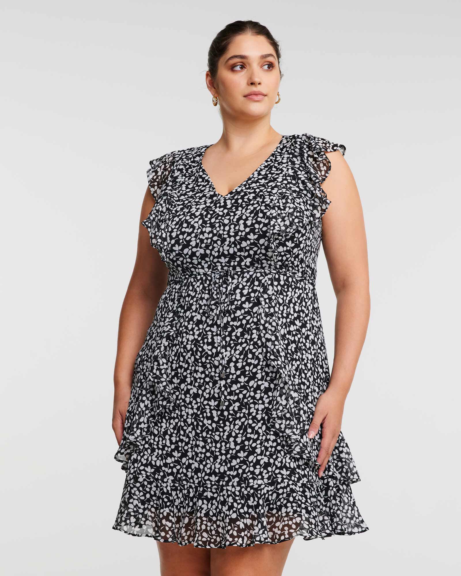Olivia Black and White Ruffle Mini Dress, Print / Black, hi-res image number 0
