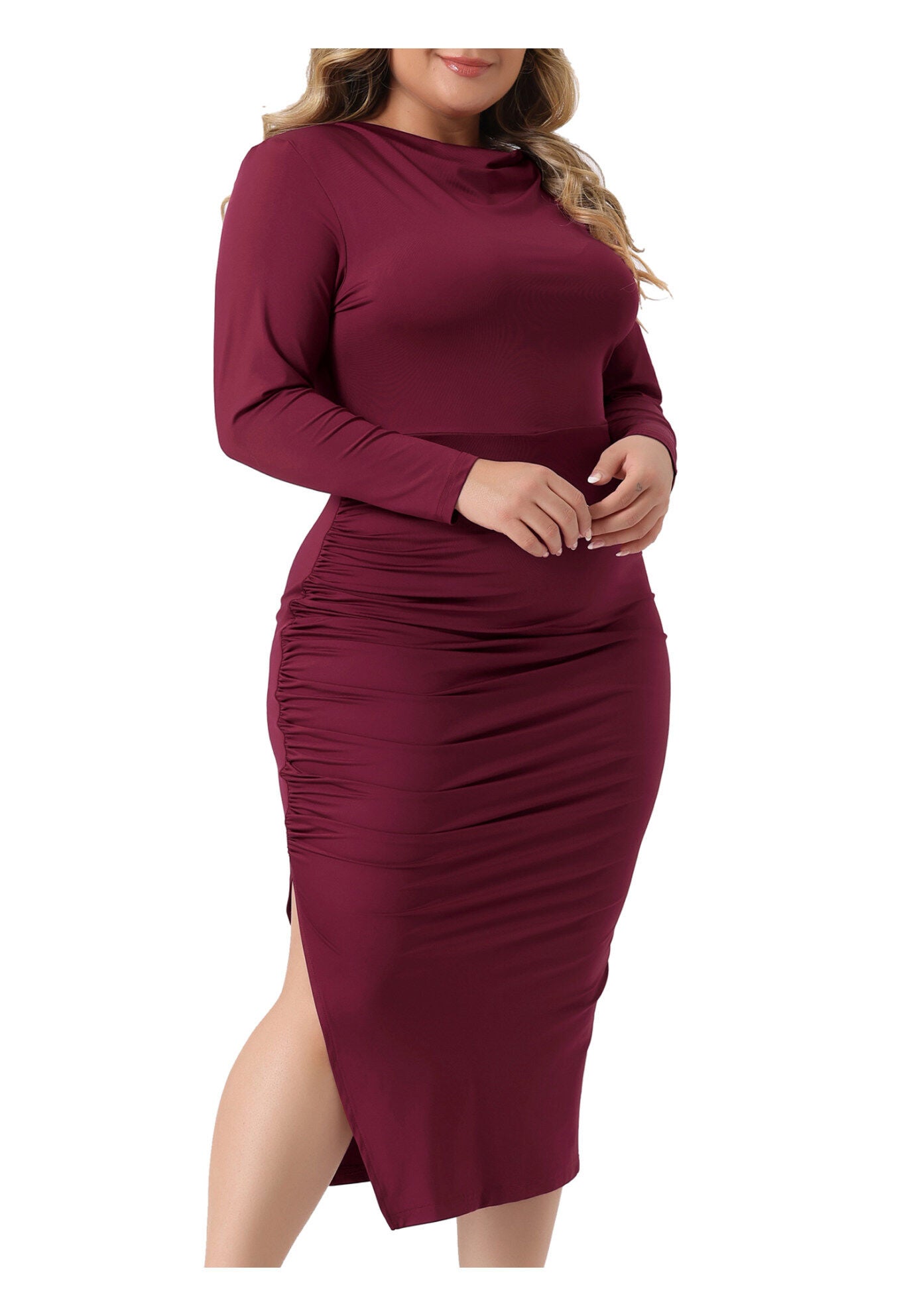 Long Sleeve Crew Neck Side Slit Ruched Bodycon Dress, Burgundy / Burgundy, alternate image number 2