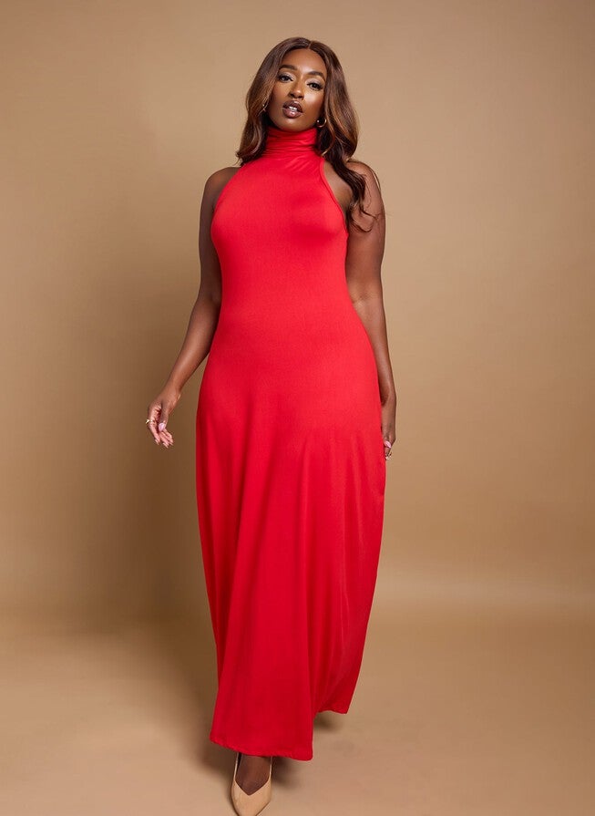 KIMMY TURTLENECK BODYCON MAXI DRESS - RED, Red / Red, alternate image number 3