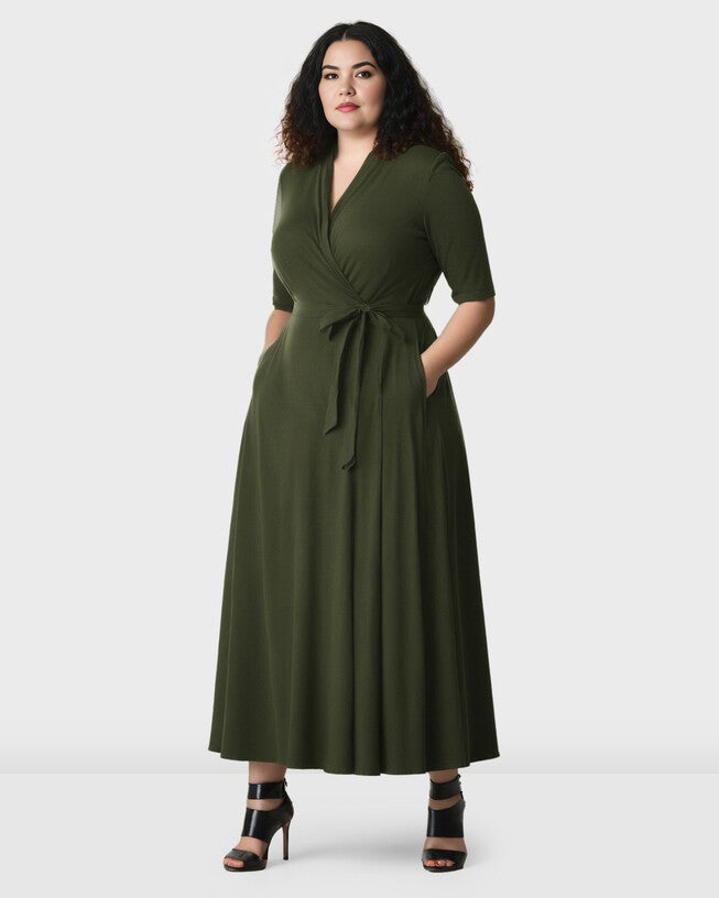 Cotton knit wrap midi dress, Deep loden green / Kelly Green, alternate image number 1