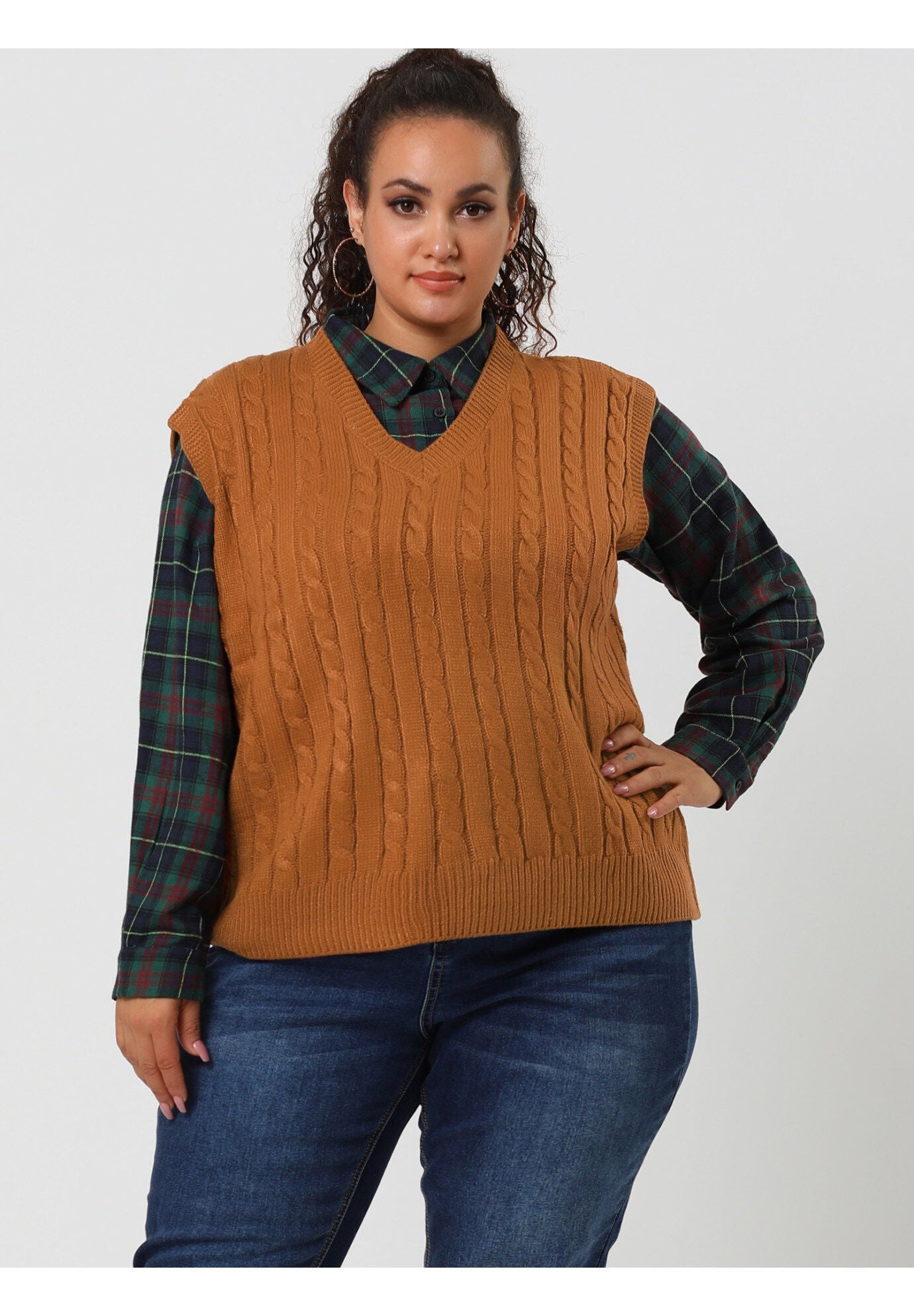 V Neck Cable Knit Sweater Sleeveless Pullover Sweater Vest, Brown / Brown, hi-res image number 0