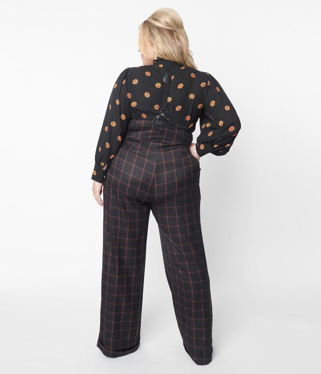 Unique Vintage Black & Orange Windowpane Thelma Suspender Pants, , alternate image number 4