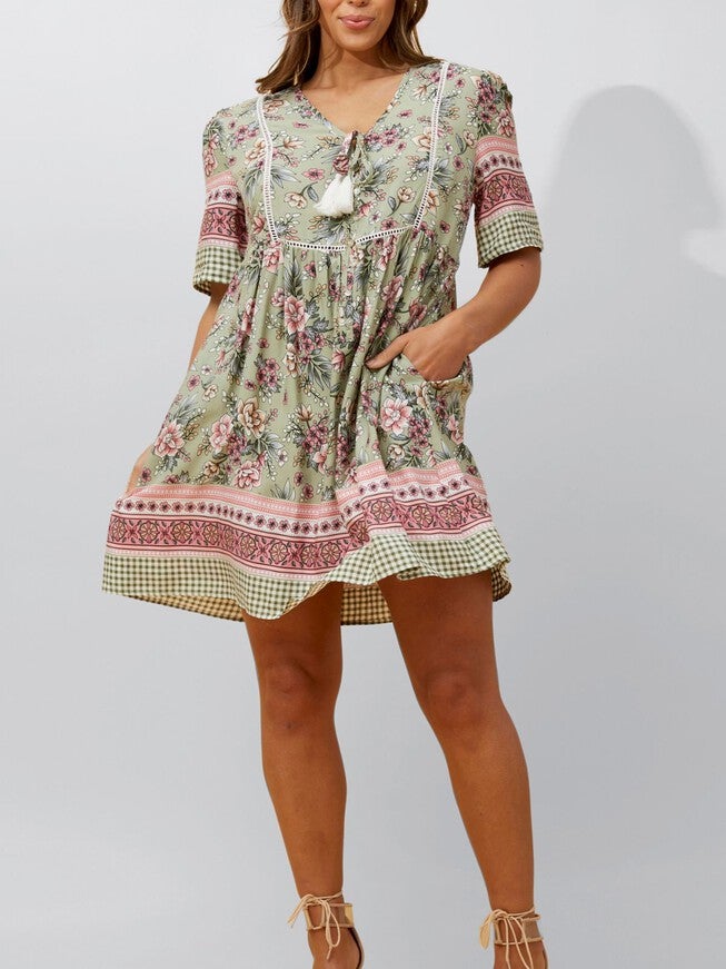 Gloria Short Dress A-Line Floral Print Green, , alternate image number 6