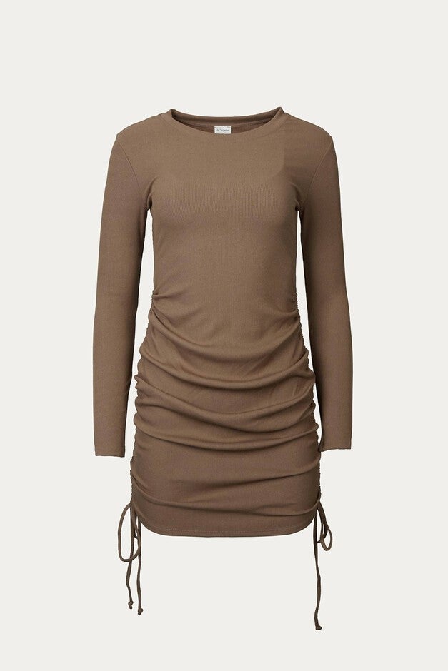 RUCHED RIBBED STRETCH-MODAL MINI DRESS IN ACORN, Acorn / Brown, hi-res image number 0