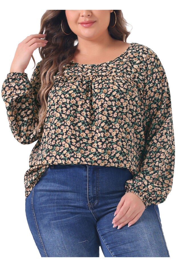 Long Sleeve Floral Print Casual Shirt Blouse Top, Black Beige / Beige, alternate image number 1