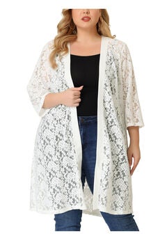 LACE CROCHET 3/4 SLEEVE COVER UP CARDIGAN