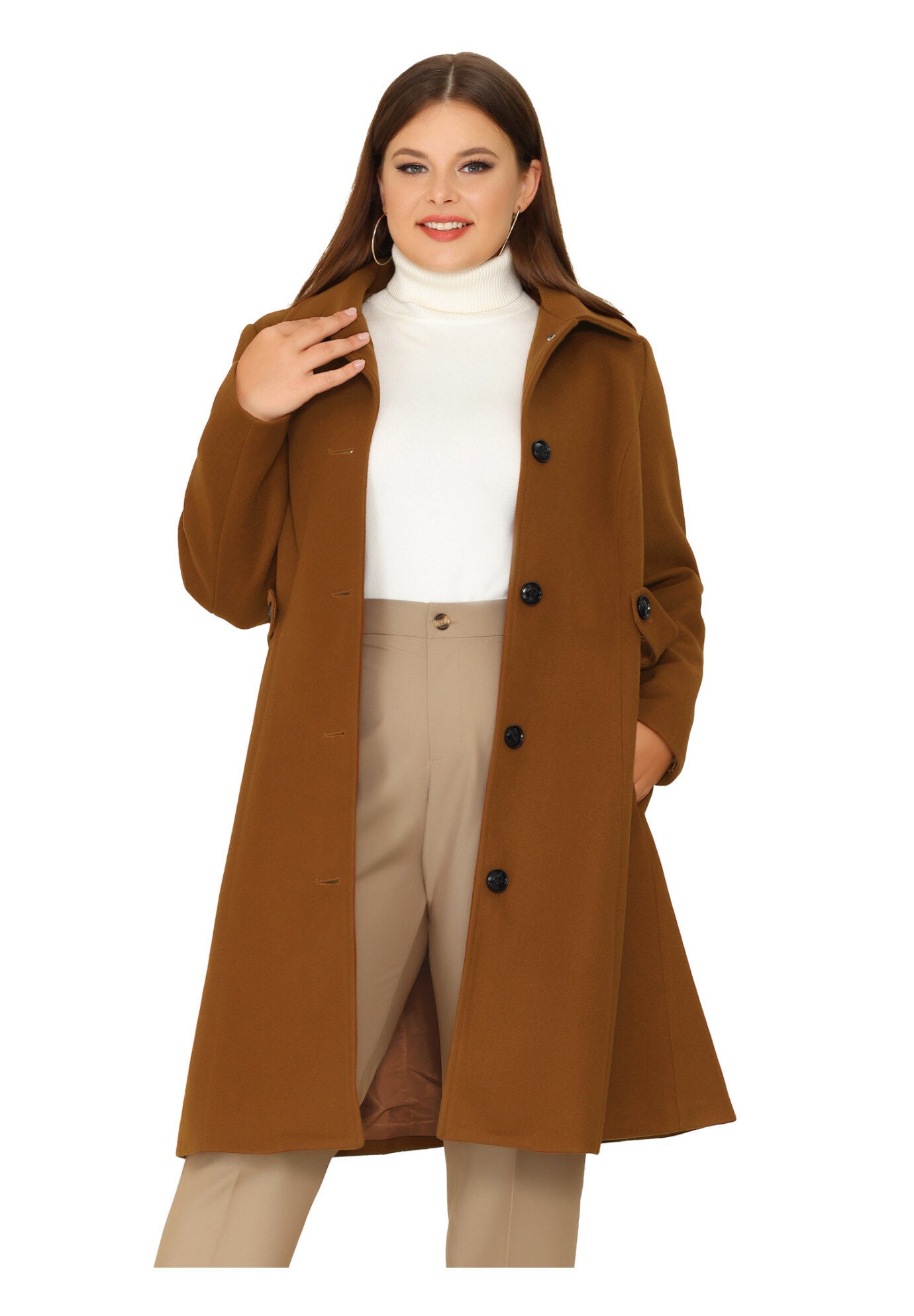 SINGLE BREASTED BELTED WINTER LONG COAT, Brown / Brown, alternate image number 2