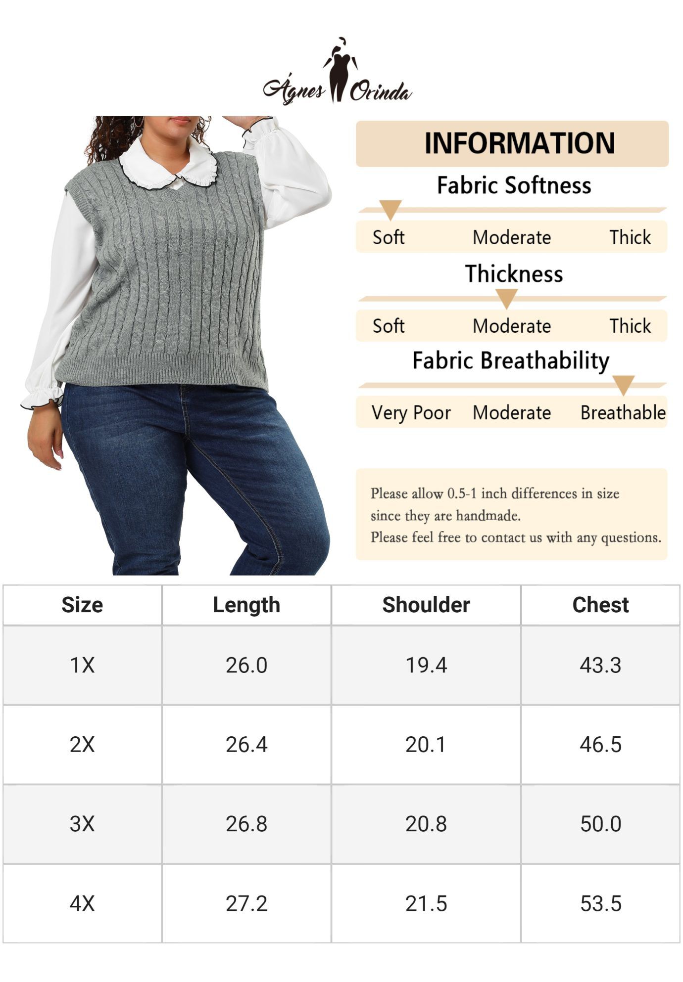 V Neck Cable Knit Sweater Sleeveless Pullover Sweater Vest, Gray / Cool Gray, alternate image number 4