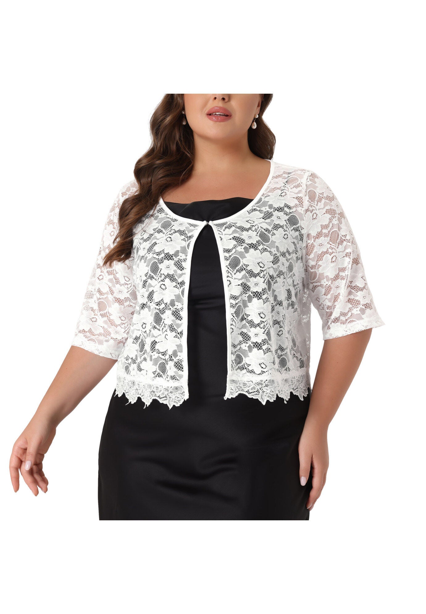 1/2 SLEEVE SHEER LACE BOLERO SHRUG, White / White, alternate image number 2