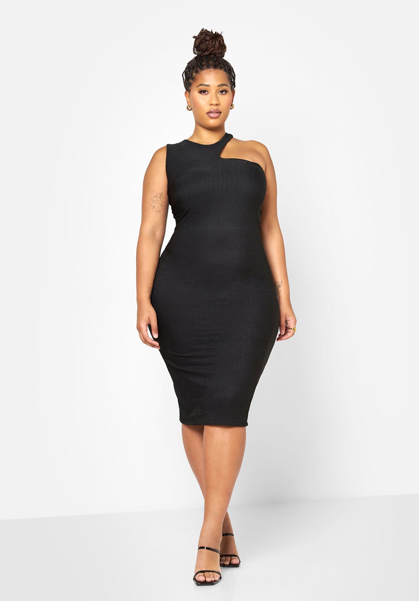 Nieves Textured Cold Shoulder Midi Bodycon Dress, Black / Black, hi-res image number 0