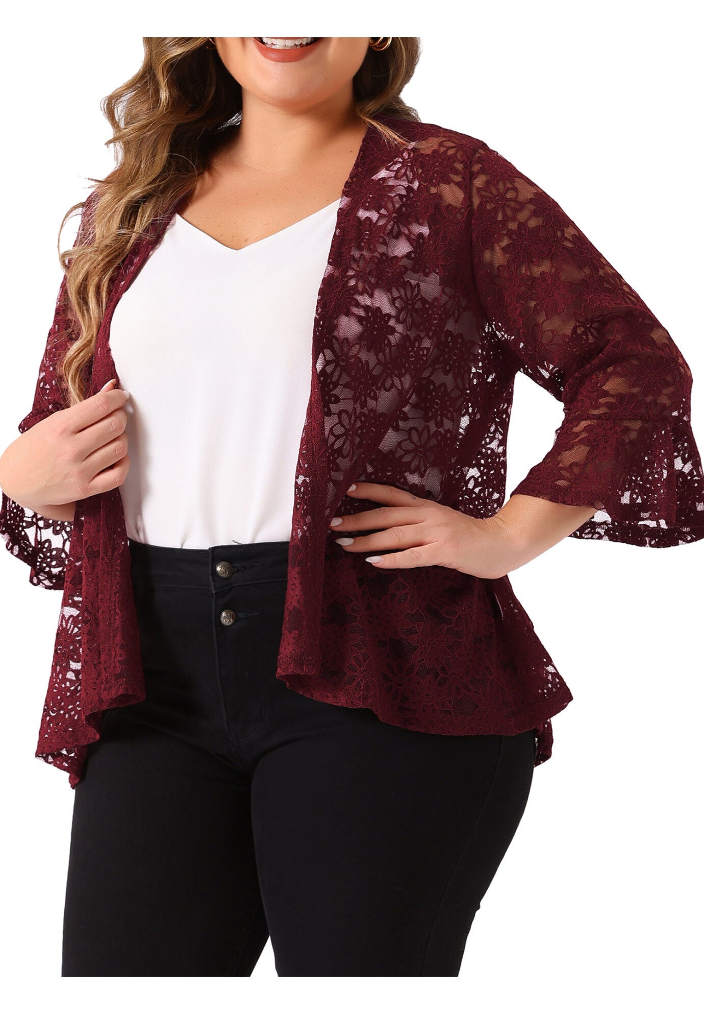 OPEN FRONT 3/4 BELL SLEEVE SHEER LIGHTWEIGHT LACE COVER UP CARDIGAN, Burgundy / Red, alternate image number 1