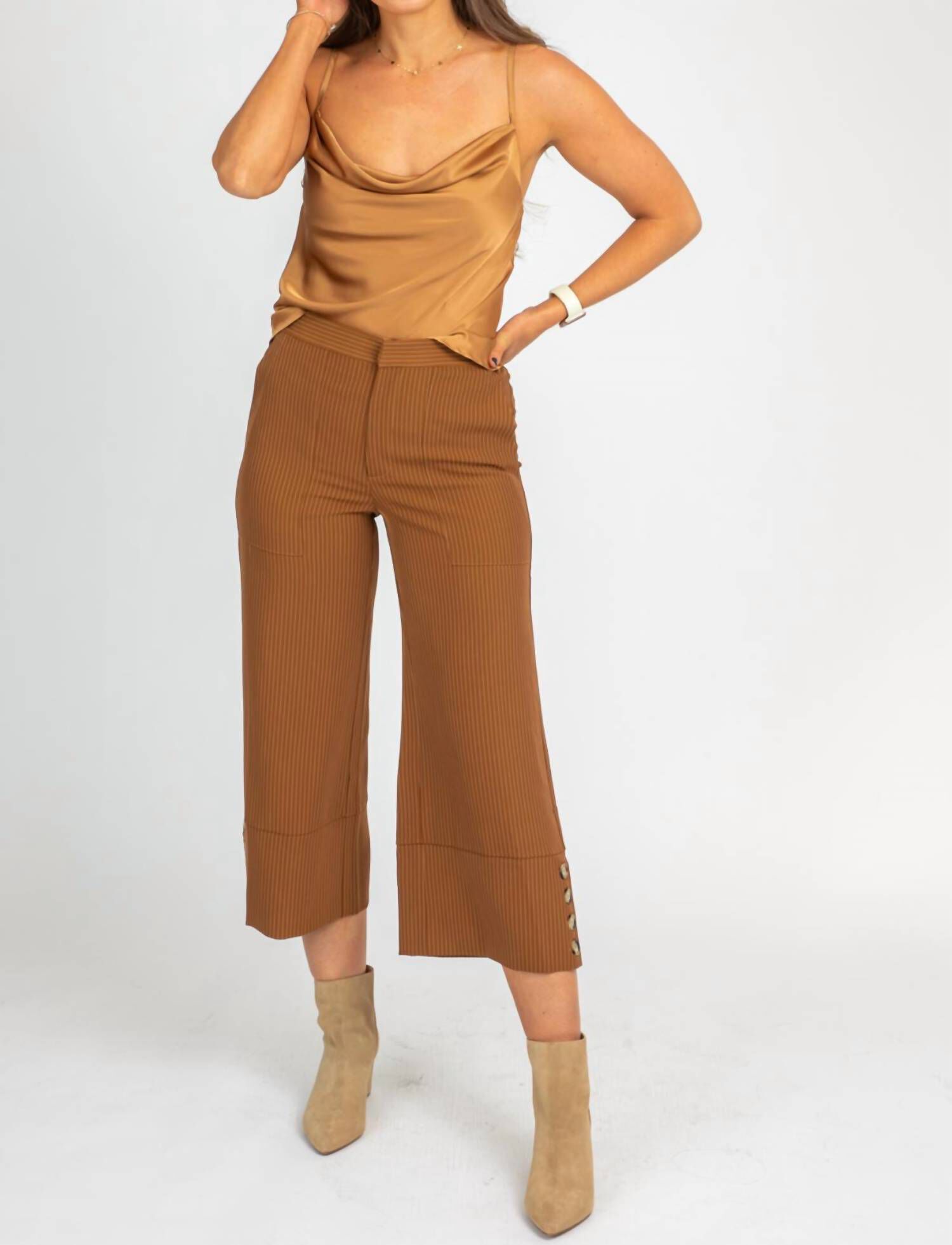Camel Pinstripe Wide Leg Trousers, Brown / Brown, alternate image number 3