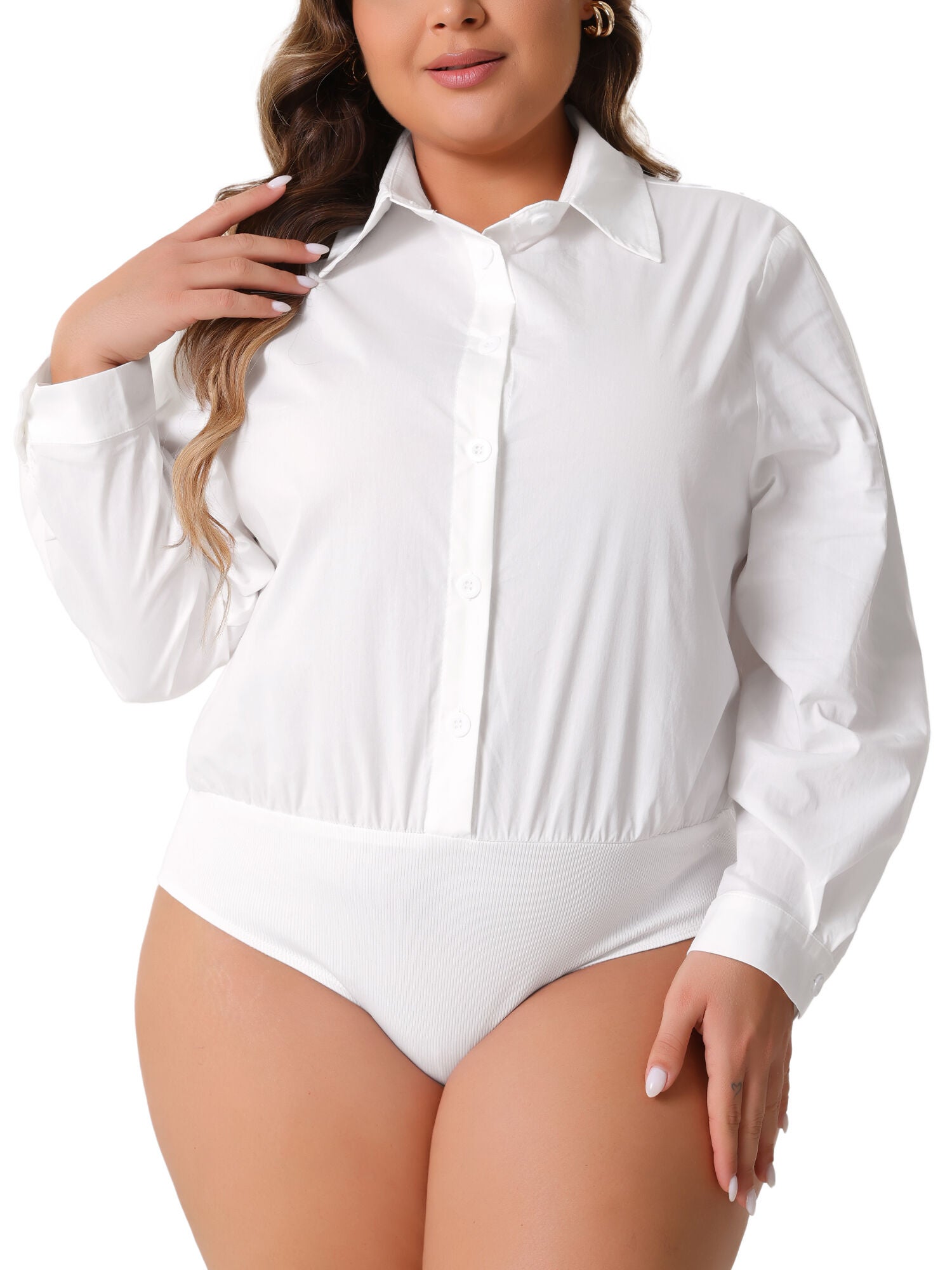 Button Down Long Sleeve Bodysuit Shit Top, White / White, hi-res image number 0