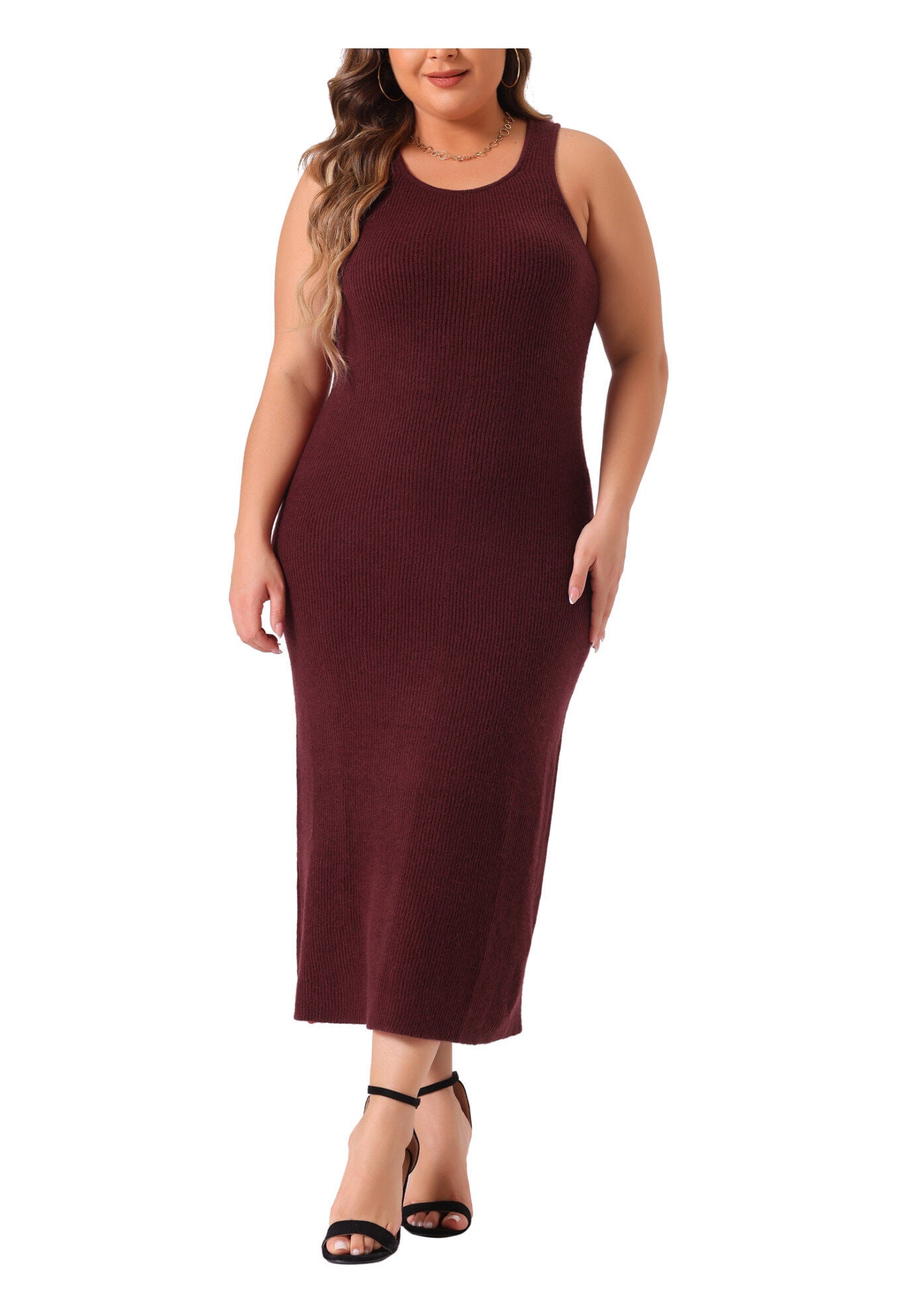 Crew Neck Sleeveless Knit Bodycon Midi Sweater Tank Dress, Burgundy / Burgundy, alternate image number 1