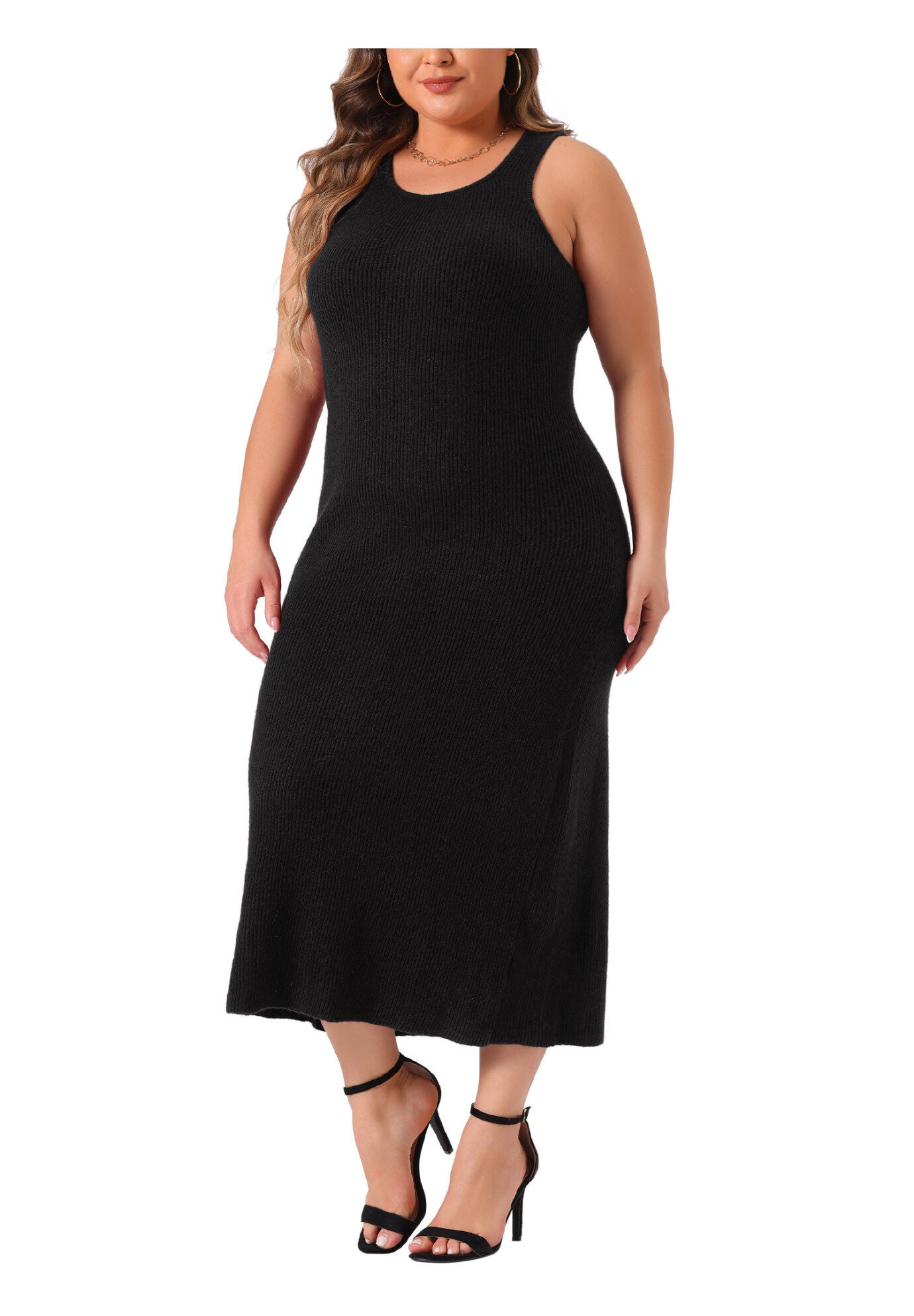 Crew Neck Sleeveless Knit Bodycon Midi Sweater Tank Dress, Black / Black, alternate image number 1