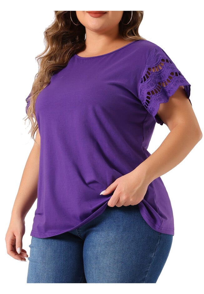 Lace Panel Hollow Short Sleeve Summer Blouse, Purple / Purple, alternate image number 2
