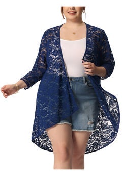 LIGHTWEIGHT 3/4 SLEEVE OPEN FRONT CROCHET LACE COVER UP
