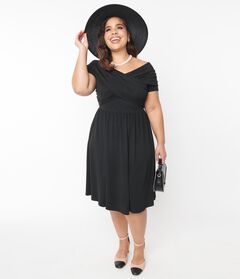 Unique Vintage Black Shirred Swing Dress