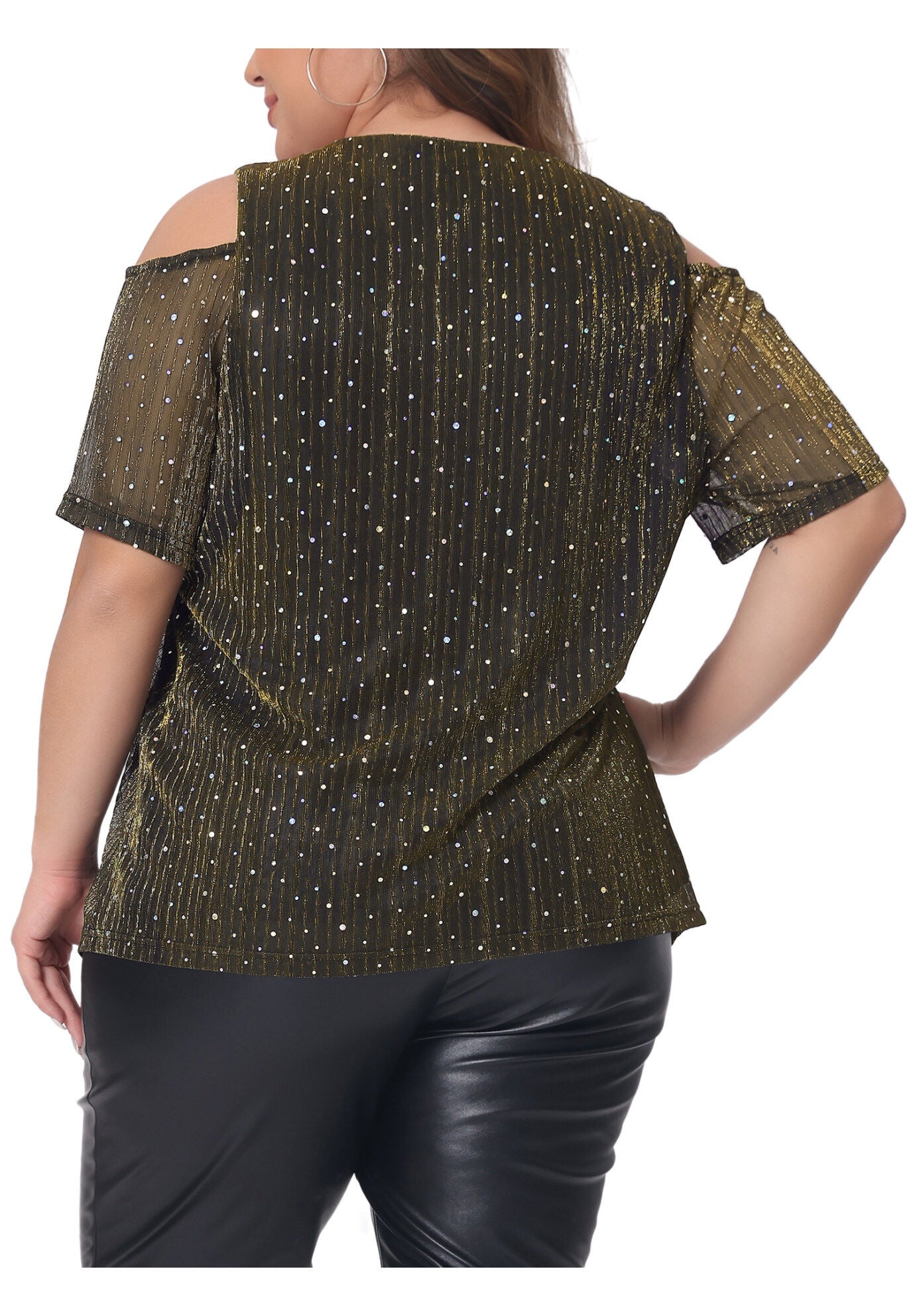 GLITTER SEQUIN COLD SHOULDER SHORT SLEEVE TOP, Gold / Gold, alternate image number 3