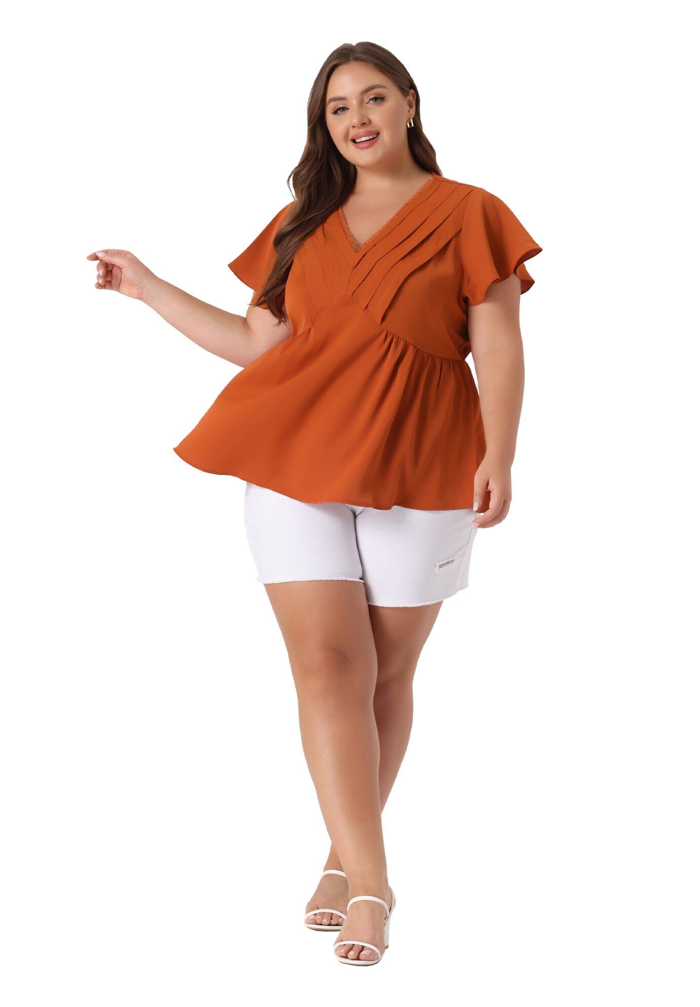 V NECK FLARE SLEEVE RUFFLE PEPLUM WRAP BLOUSE TOP, Caramel / Burnt Orange, hi-res image number 0