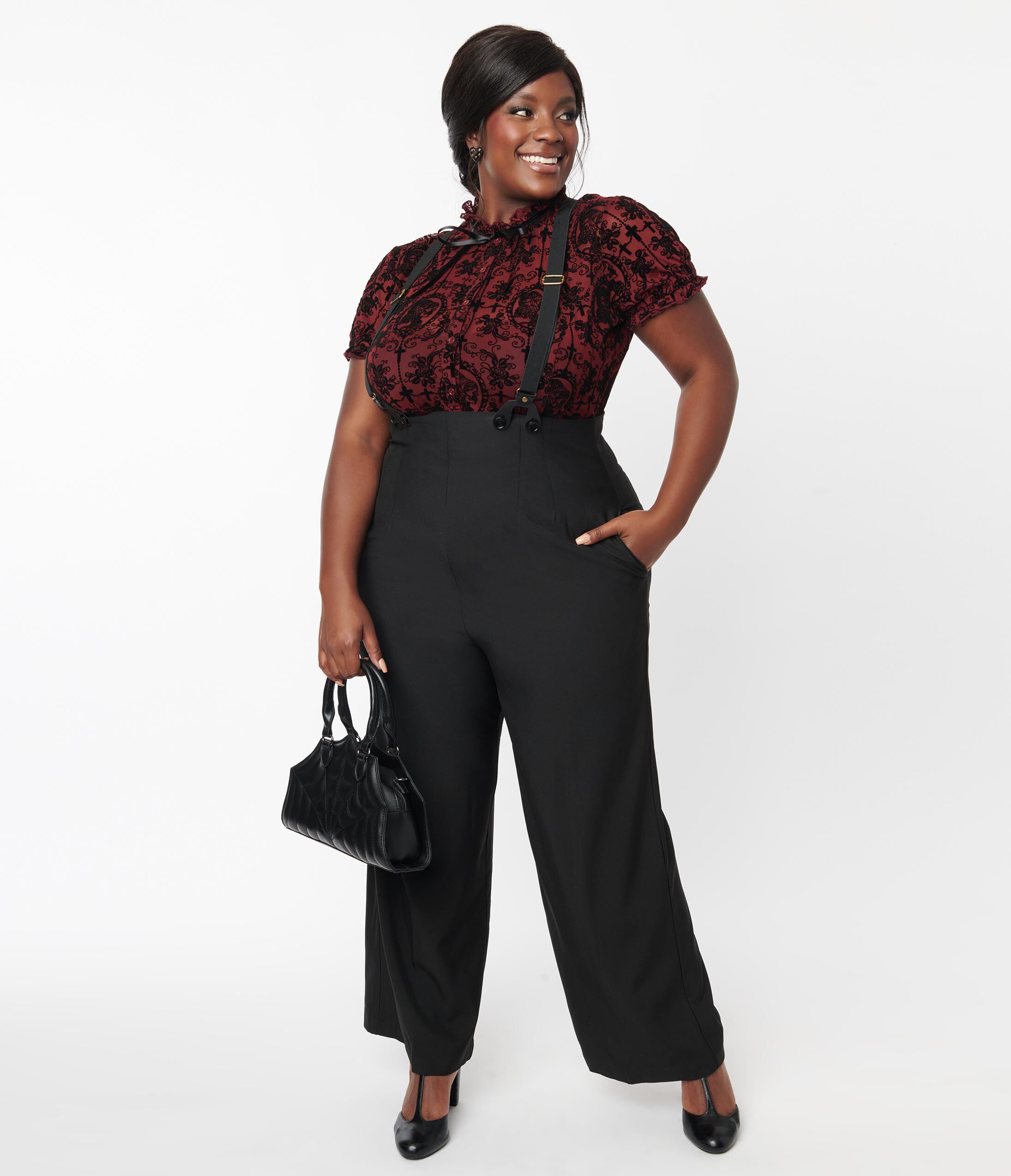 Unique Vintage Plus Size Black High Waist Suspender Pants, Black / Black, hi-res image number 0