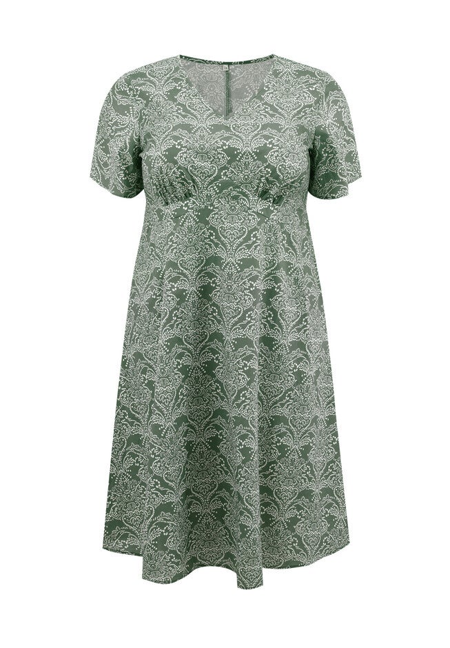 Boho Floral Print V Neck Short Sleeve Dress with Pockets, Gray Green / Light Grey, alternate image number 3