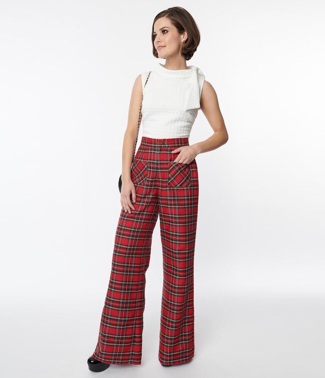 Smak Parlour Red Plaid Wide Leg Trousers, Red Plaid / Red, alternate image number 1