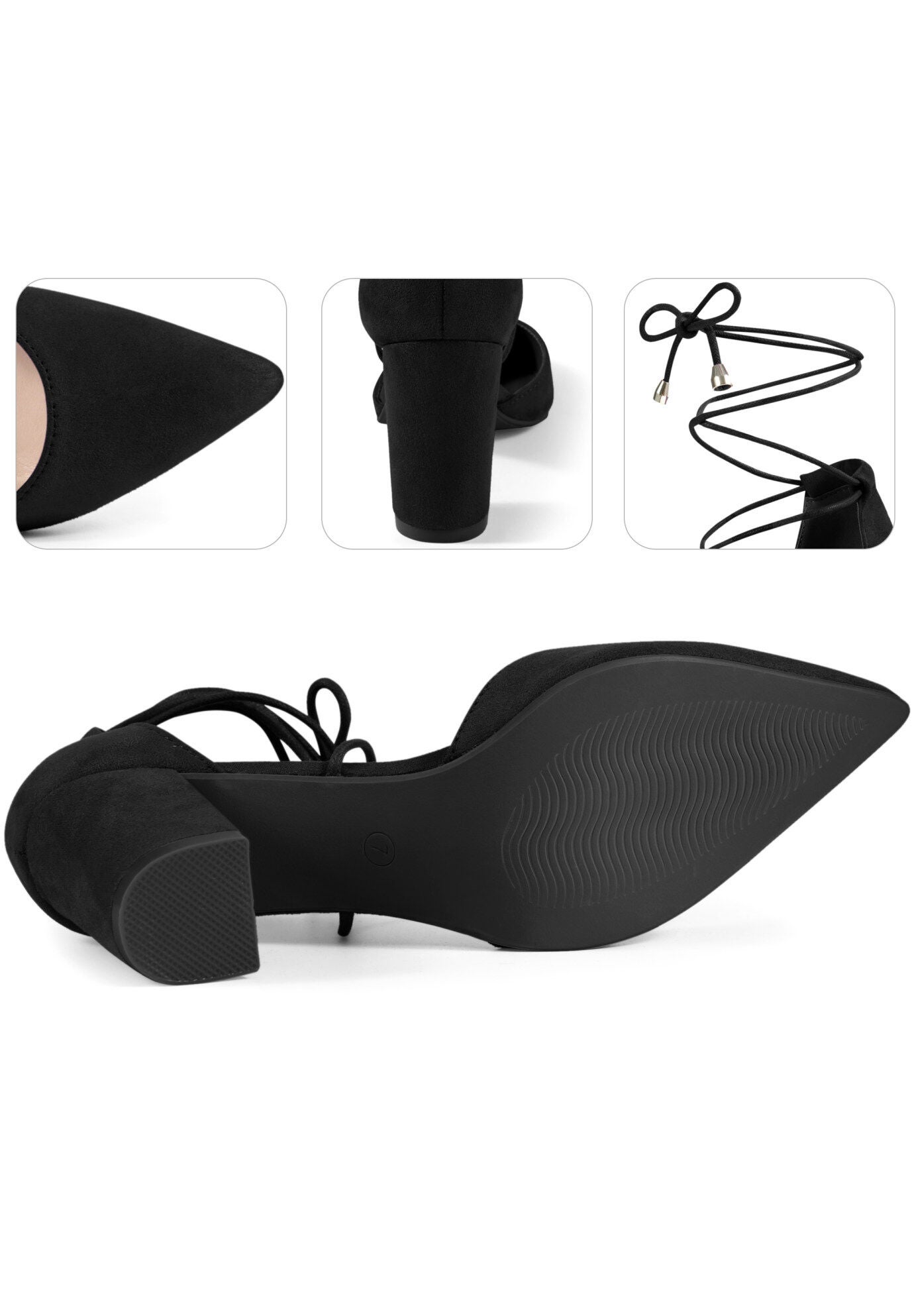 Pointy Toe Lace Up Chunky Heeled Sandal Pumps, Black / Black, alternate image number 2