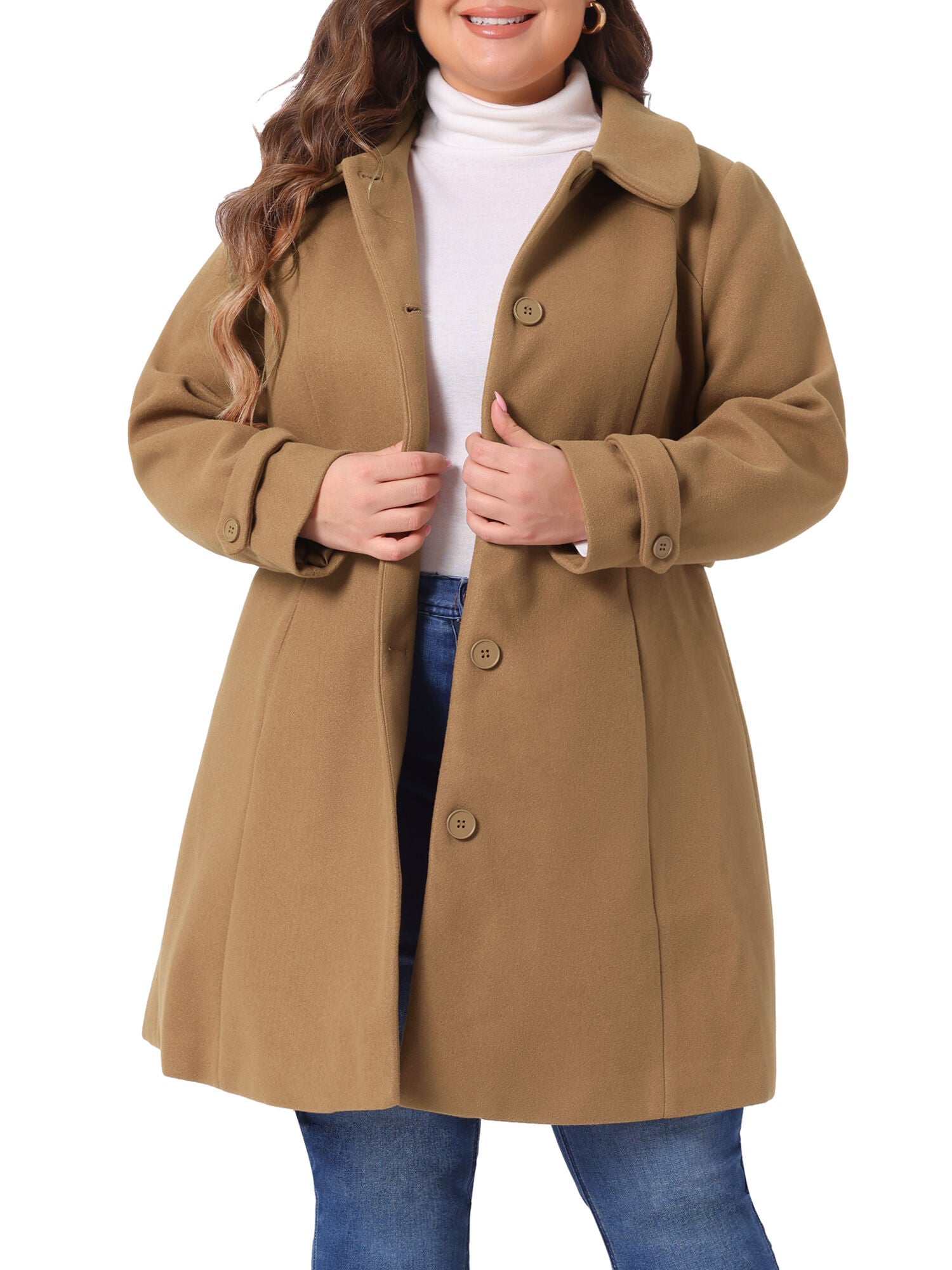 Peter Pan Collar Cuff Single Breasted Trench Long Coat, Camel / Brown, alternate image number 1
