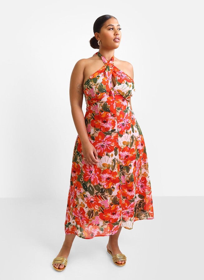 GIADA FLORAL HALTER MIDI SLIP DRESS, Multicolor / Orange, alternate image number 1
