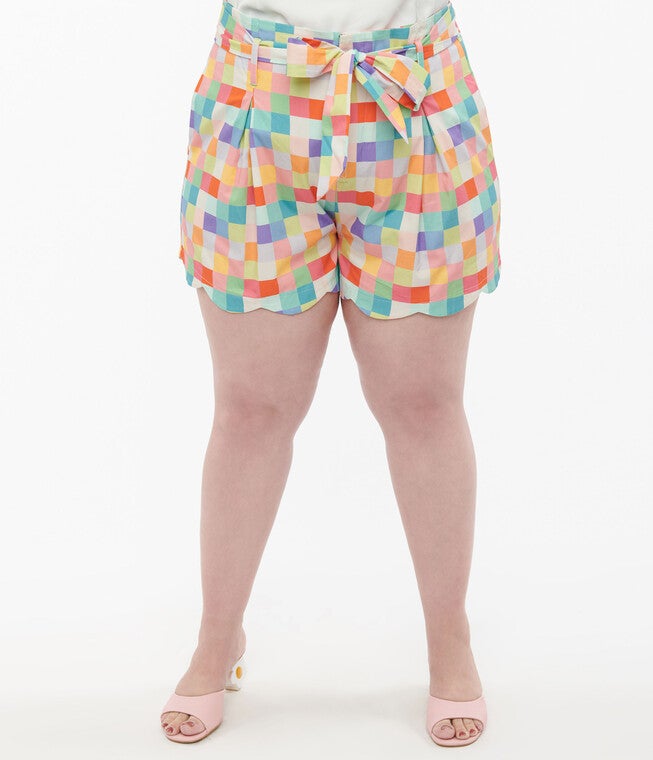 Unique Vintage 1940s Rainbow Pastel Check Cotton High Waist Shorts, Rainbow Gingham / Peach, alternate image number null