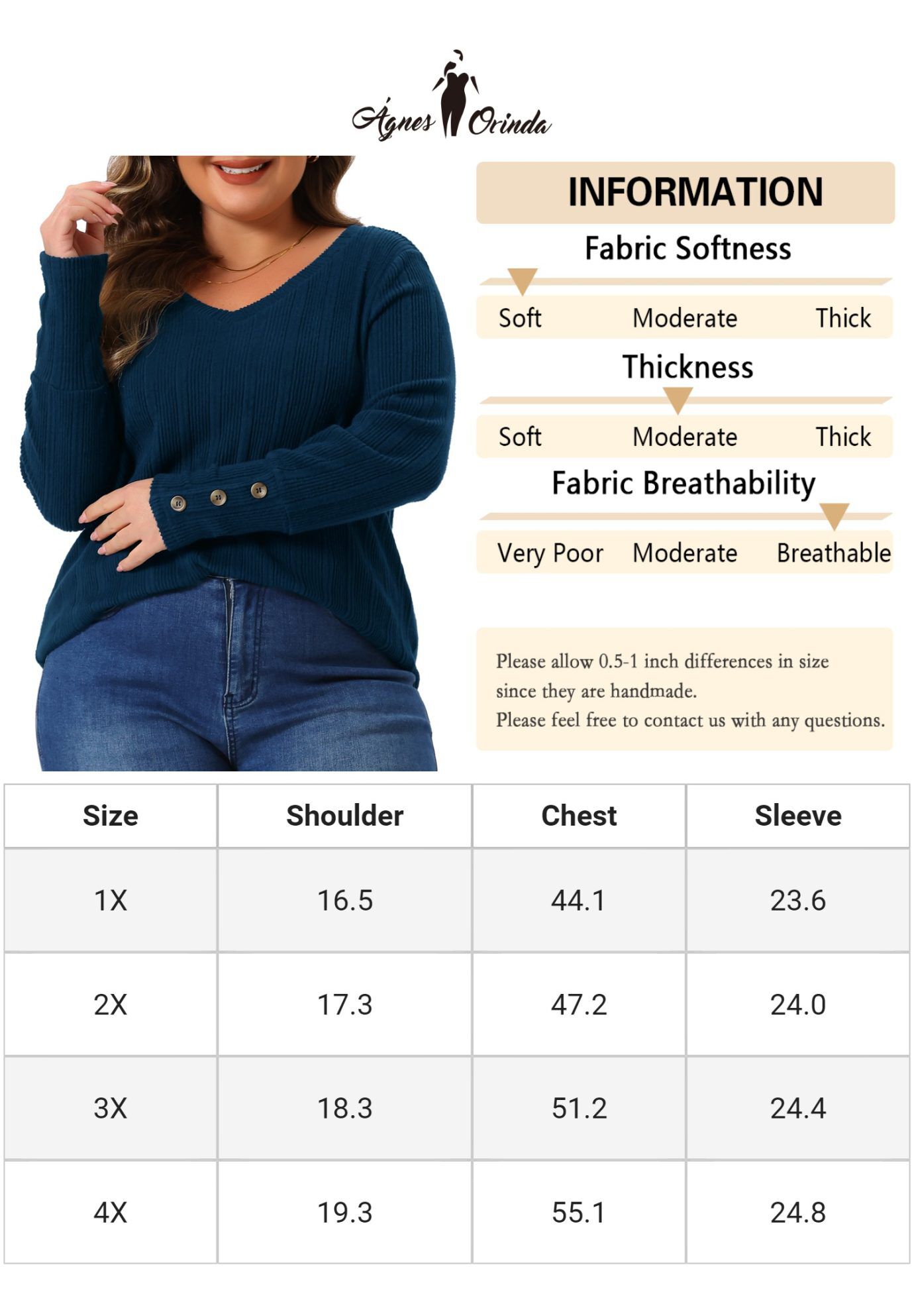 V Neck Button Stretchy Pullover Sweater Knit Top, Navy Blue / Navy, alternate image number 4