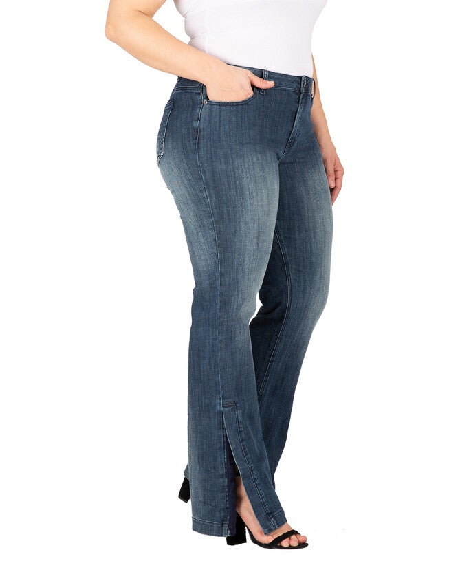 Rainie Light Hand-Sanded Plus Size Stretch Denim High-Waist Slit Hem Jeans, Medium Blue / Medium Wash, alternate image number 2
