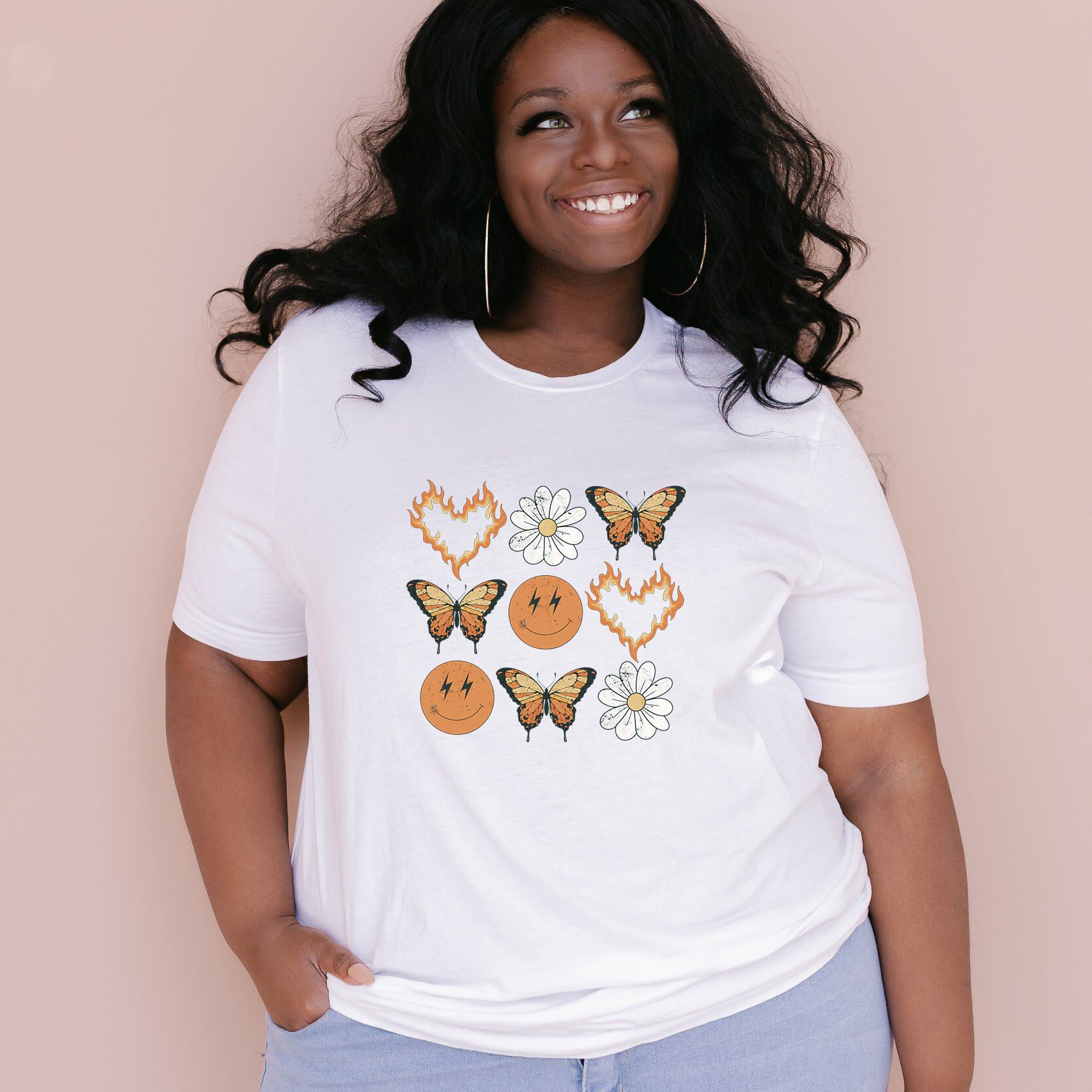 Butterfly Smiley Face Short Sleeve Graphic Tee, White / White, hi-res image number 0