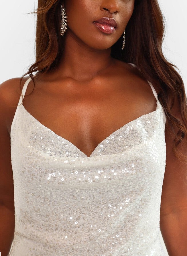 AMARYLLIS SEQUIN COWL NECK MINI BODYCON DRESS, White / White, alternate image number 4