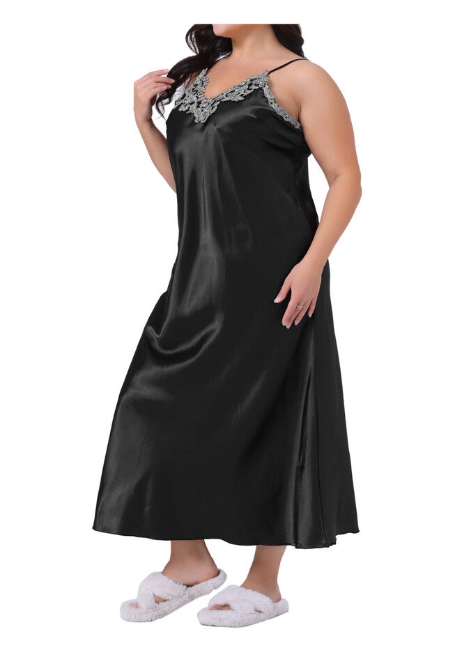 Satin Lingerie Slips Chemise Maxi Nightdress, Black / Black, alternate image number null