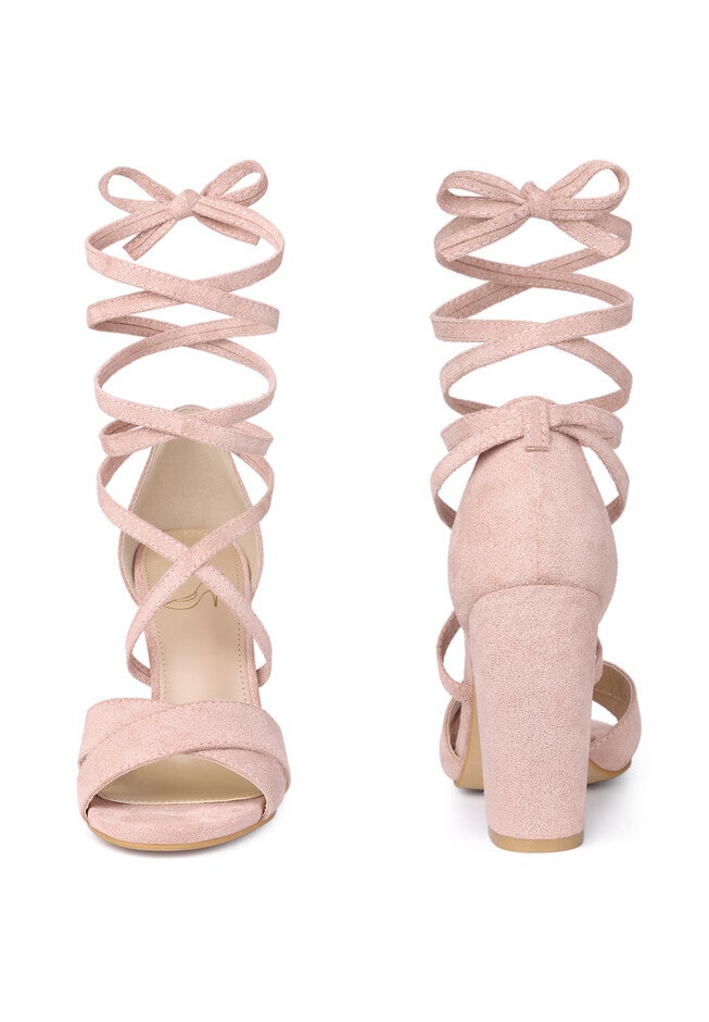 Strappy Chunky Heels Lace Up Sandals, Dust Pink / Pink, alternate image number null