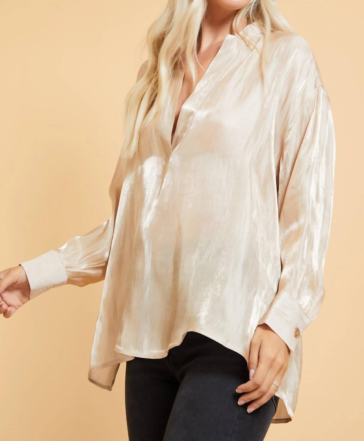 SPLIT NECK SHIMMER BLOUSE IN TAUPE SHIMMER, Taupe Shimmer / Beige, alternate image number 1
