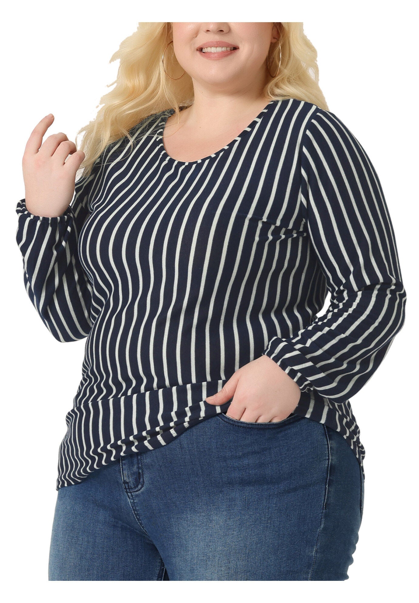 Boho Color Block Elastic Cuff Long Sleeve Striped Top, Navy Blue / Navy, alternate image number 2