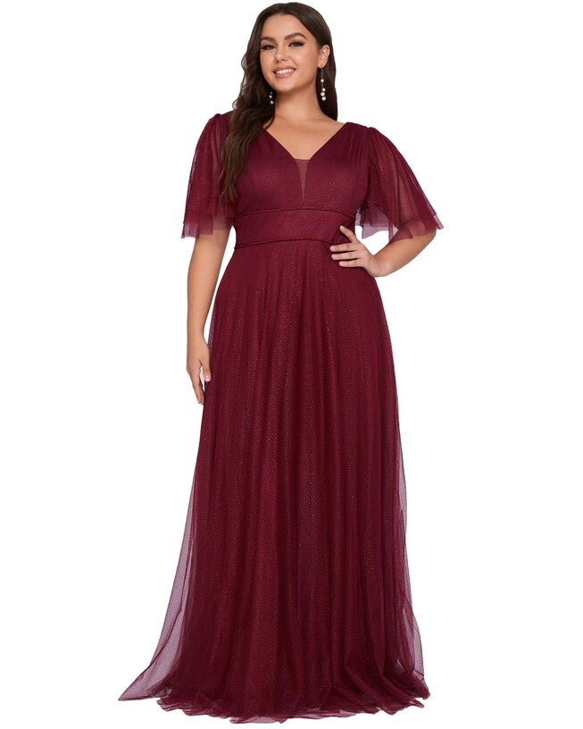 V Neck Tulle Formal Evening Dress with Ruffle Sleeves, , alternate image number 9