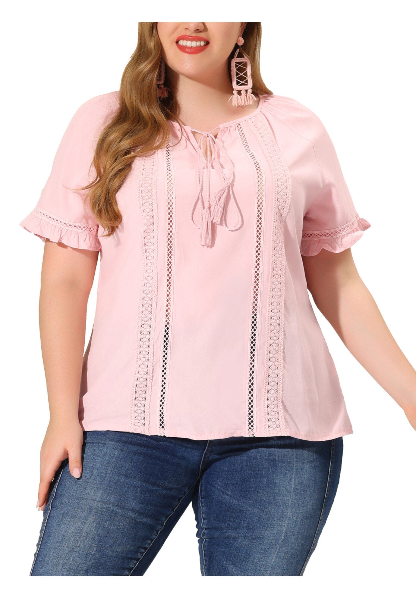 TIE NECK RUFFLE SHORT SLEEVE LACE CROCHET BLOUSE TOP, Pink / Pink, alternate image number 2
