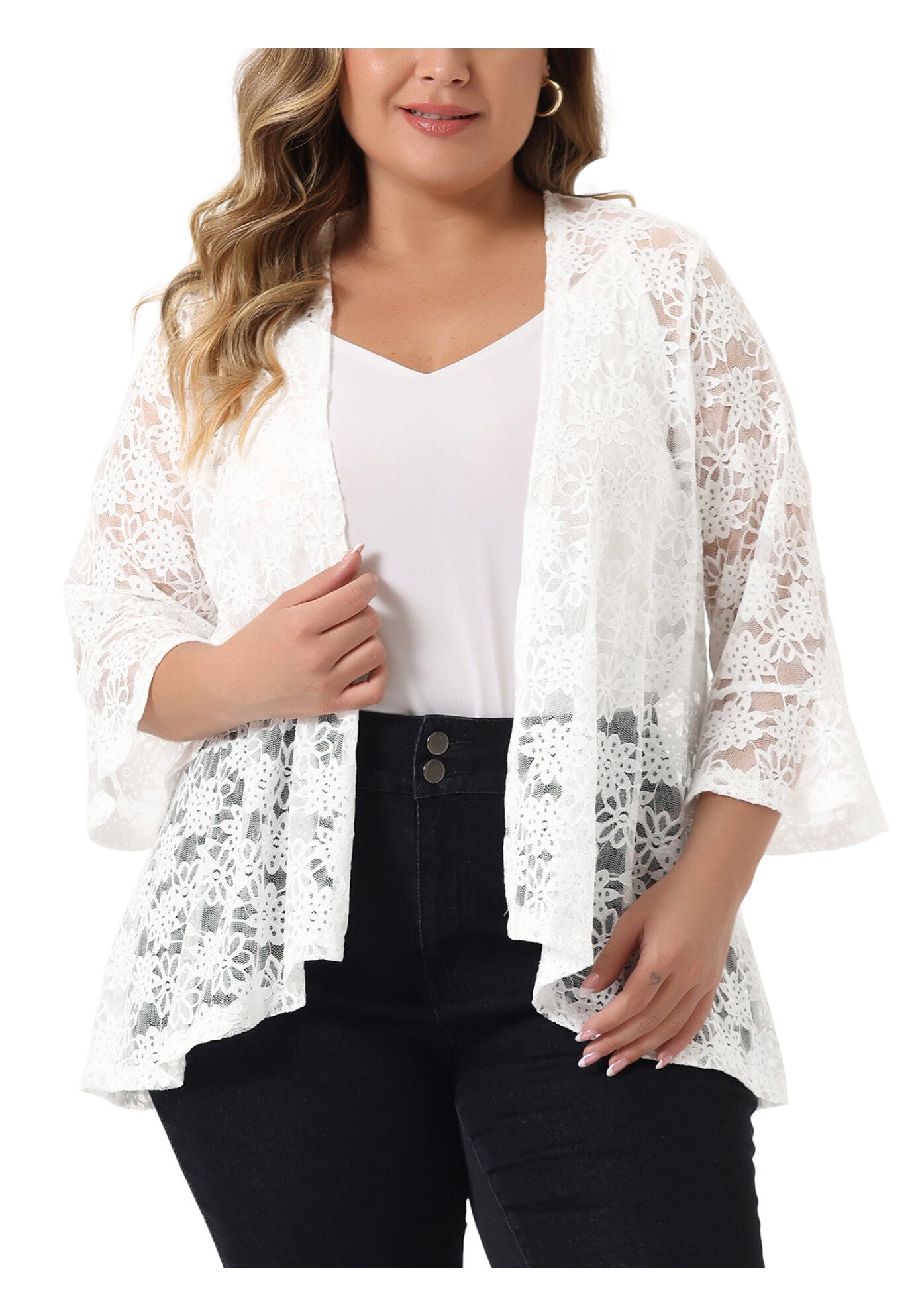 OPEN FRONT 3/4 BELL SLEEVE SHEER LIGHTWEIGHT LACE COVER UP CARDIGAN, White / White, hi-res image number 0