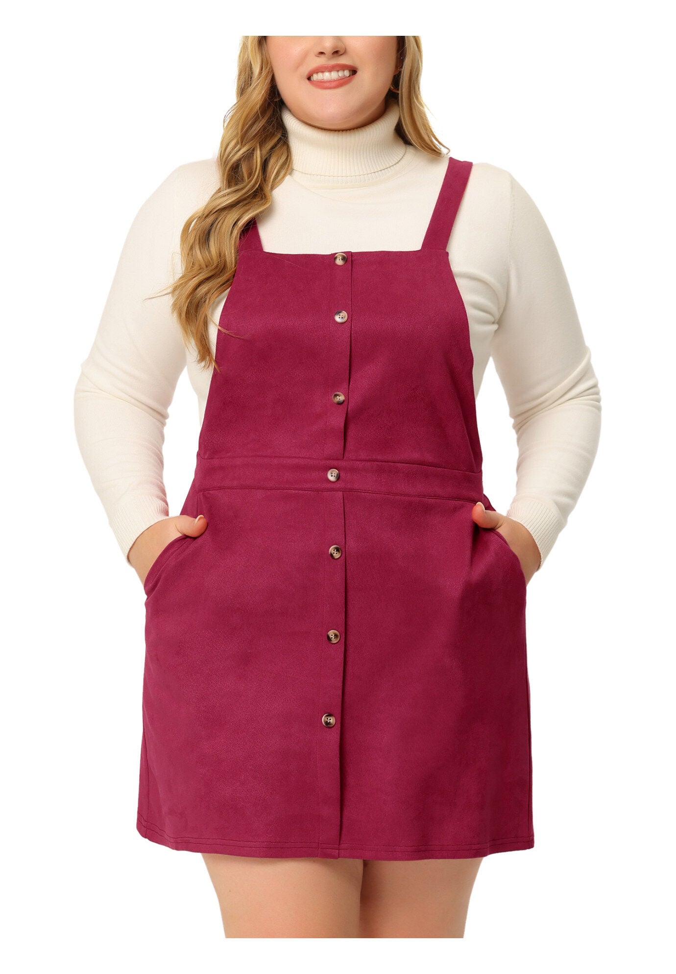 HIGH WAIST A-LINE SUEDE SUSPENDER SKIRT OVERALL DRESS, Dark Red / Red, alternate image number 1