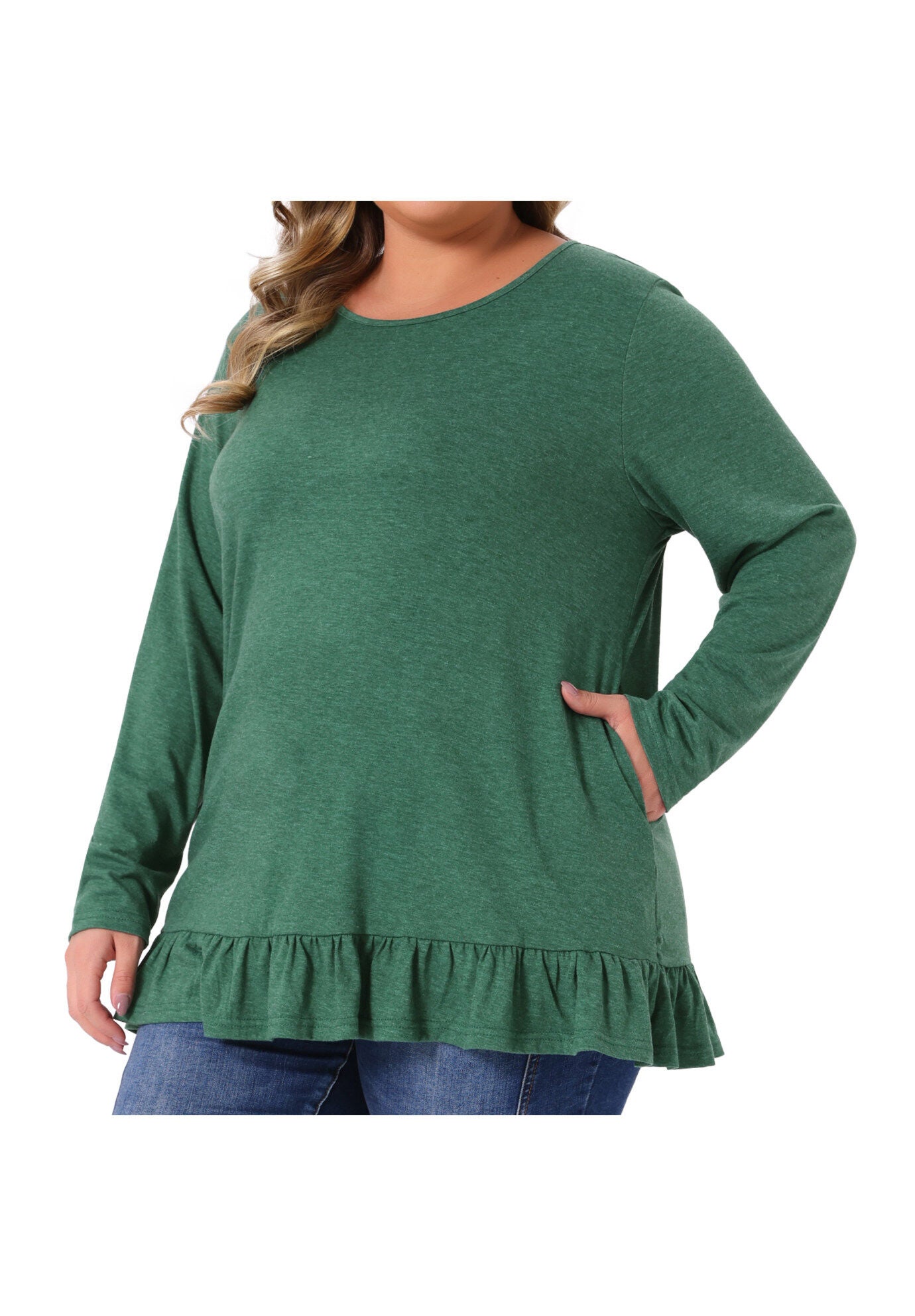 Crew Neck Ruffled Hem Flowy Blouses with Pockets, Green / Light Green, alternate image number 2