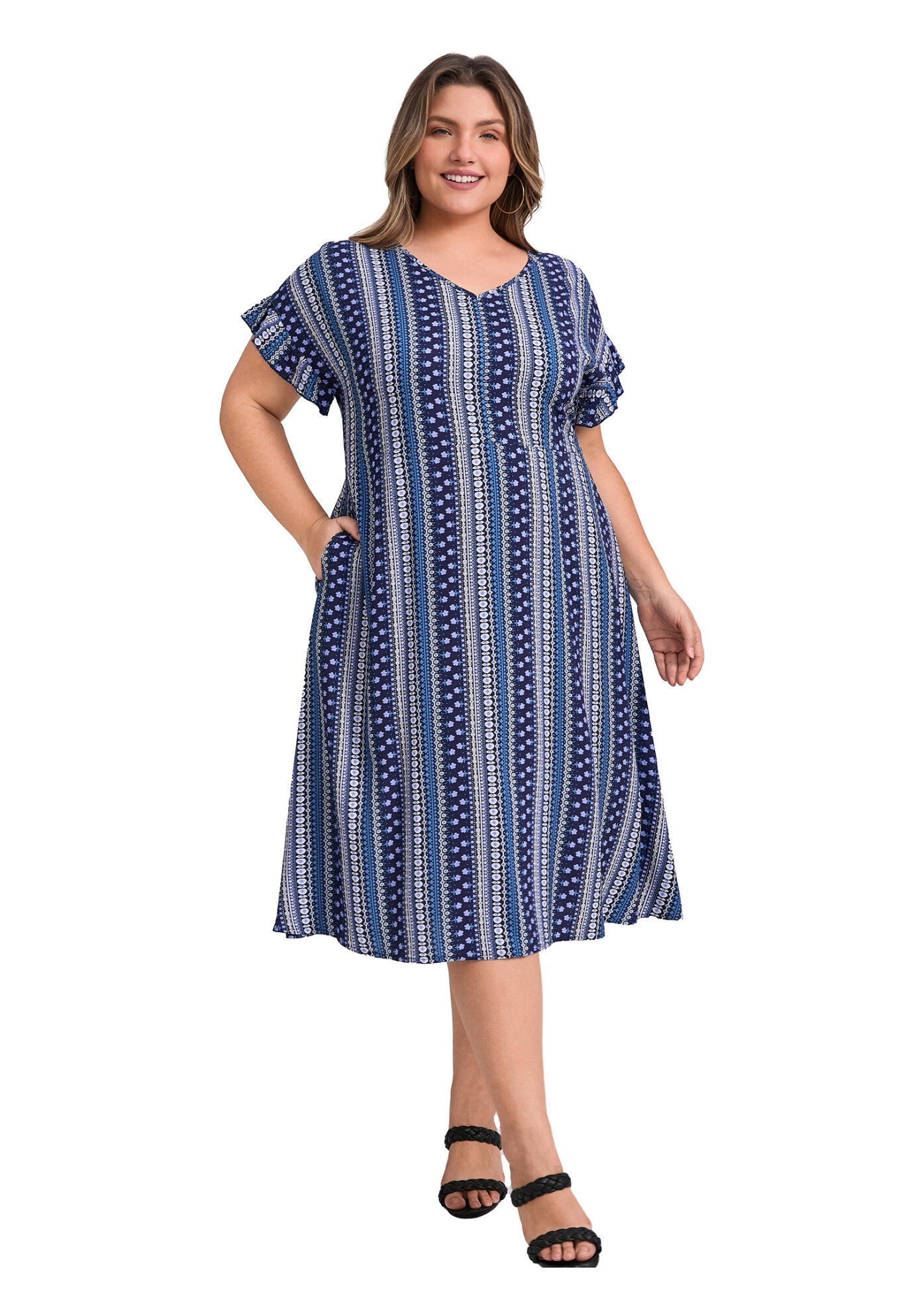 Boho Floral Stripe V Neck Ruffle Sleeve Flowy Midi Dress with Pockets, Navy Blue / Navy, hi-res image number 0