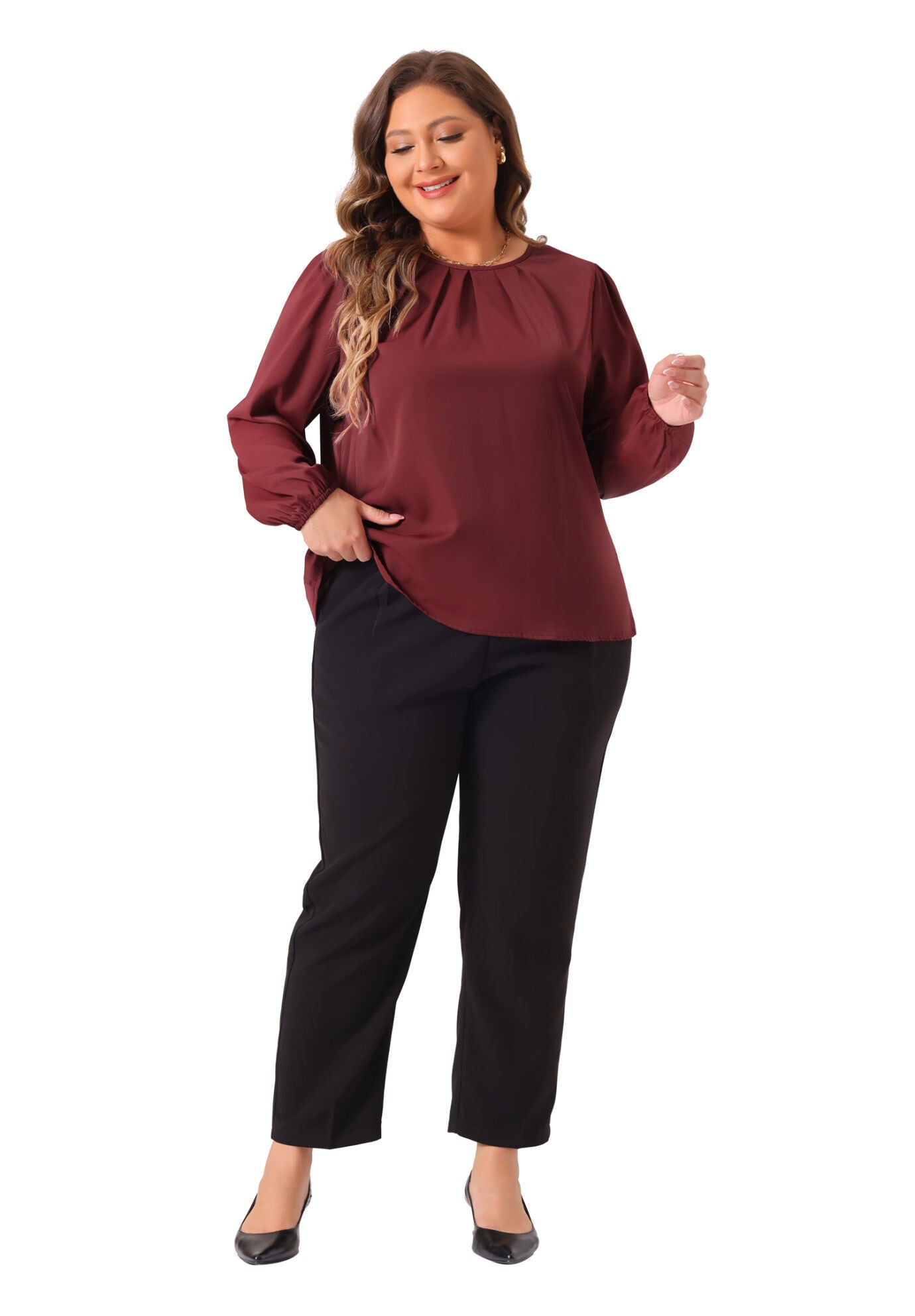 Crew Neck Pleated Work Office Long Sleeve Blouse, Burgundy / Burgundy, hi-res image number 0