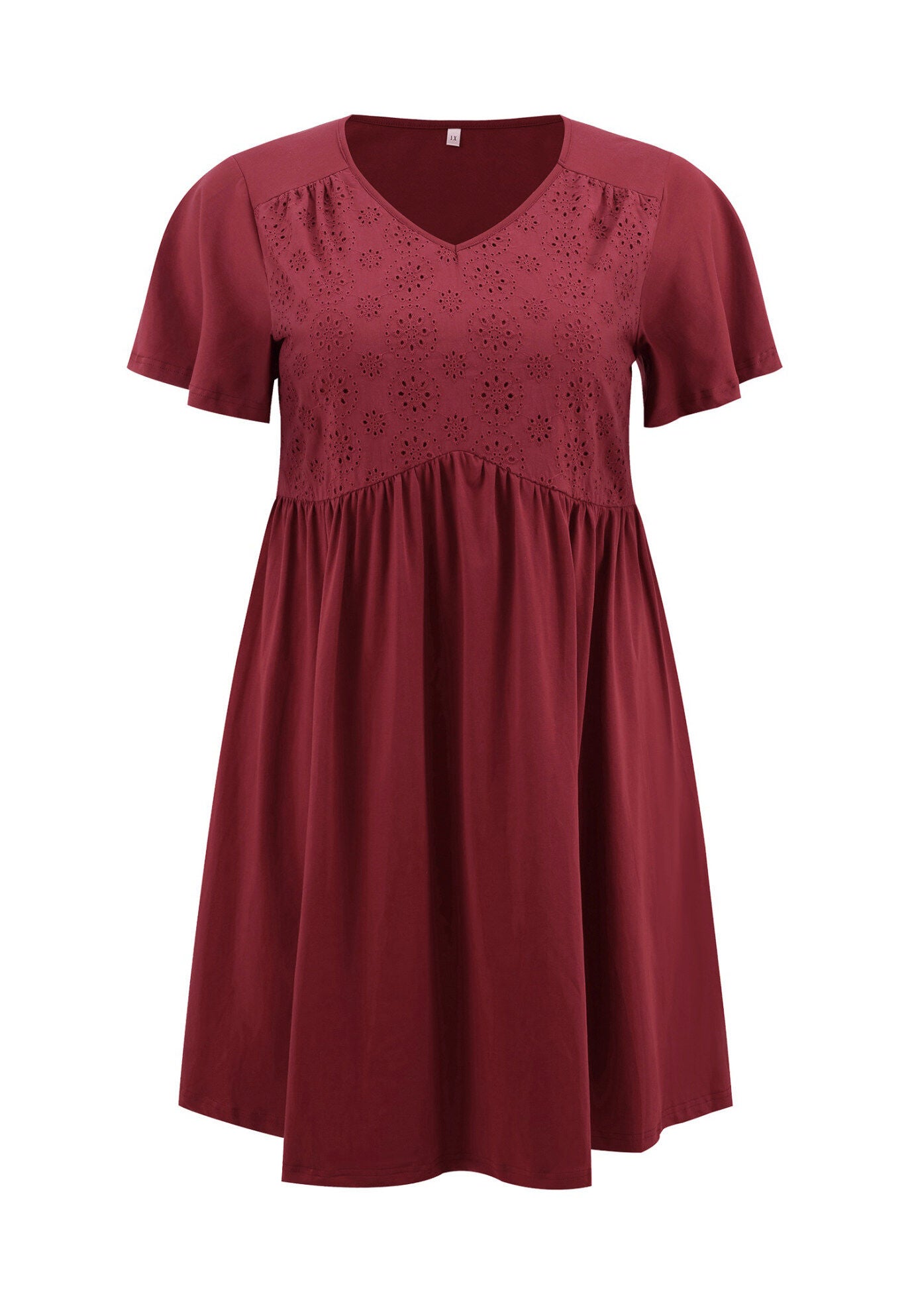 Summer V Neck Ruffle Sleeve Pleated Swing A-Line Dress, Burgundy / Burgundy, alternate image number 3