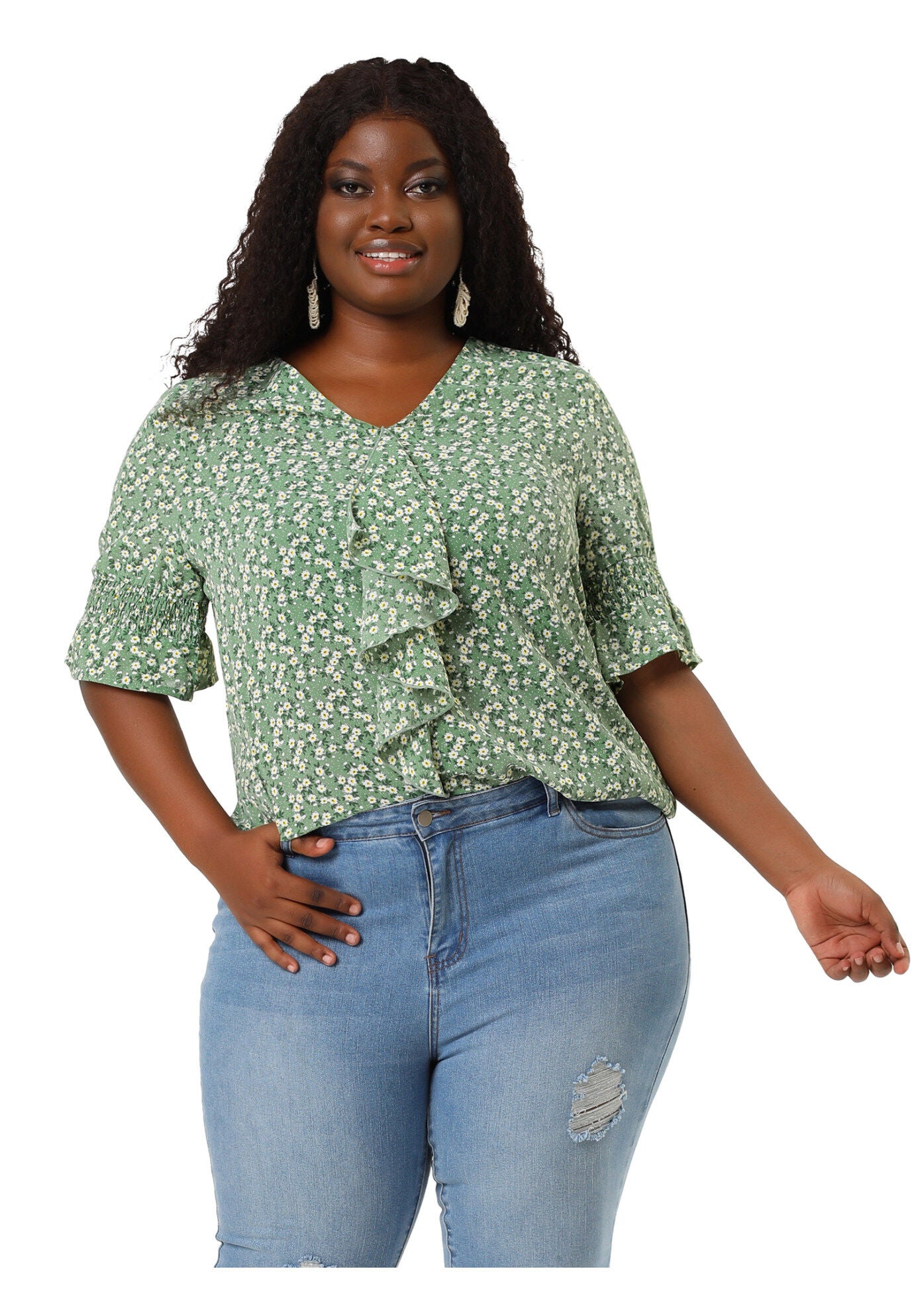 Ruffle Blouse V Neck Smocked Sleeves Top, White Green / Light Green, alternate image number 3