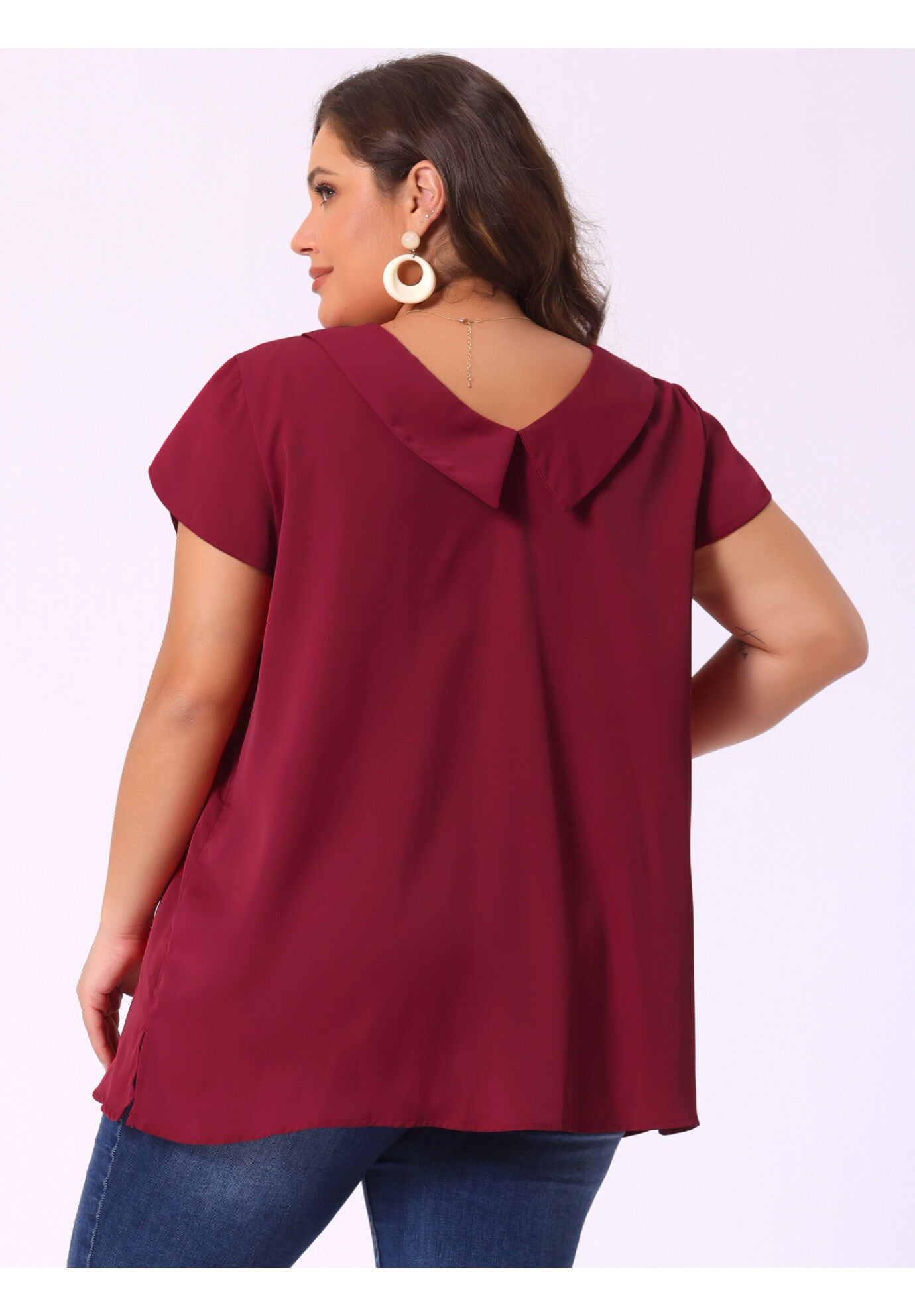 BOAT NECK FLUTTER SLEEVE CHIFFON TOP, Burgundy / Red, alternate image number 3